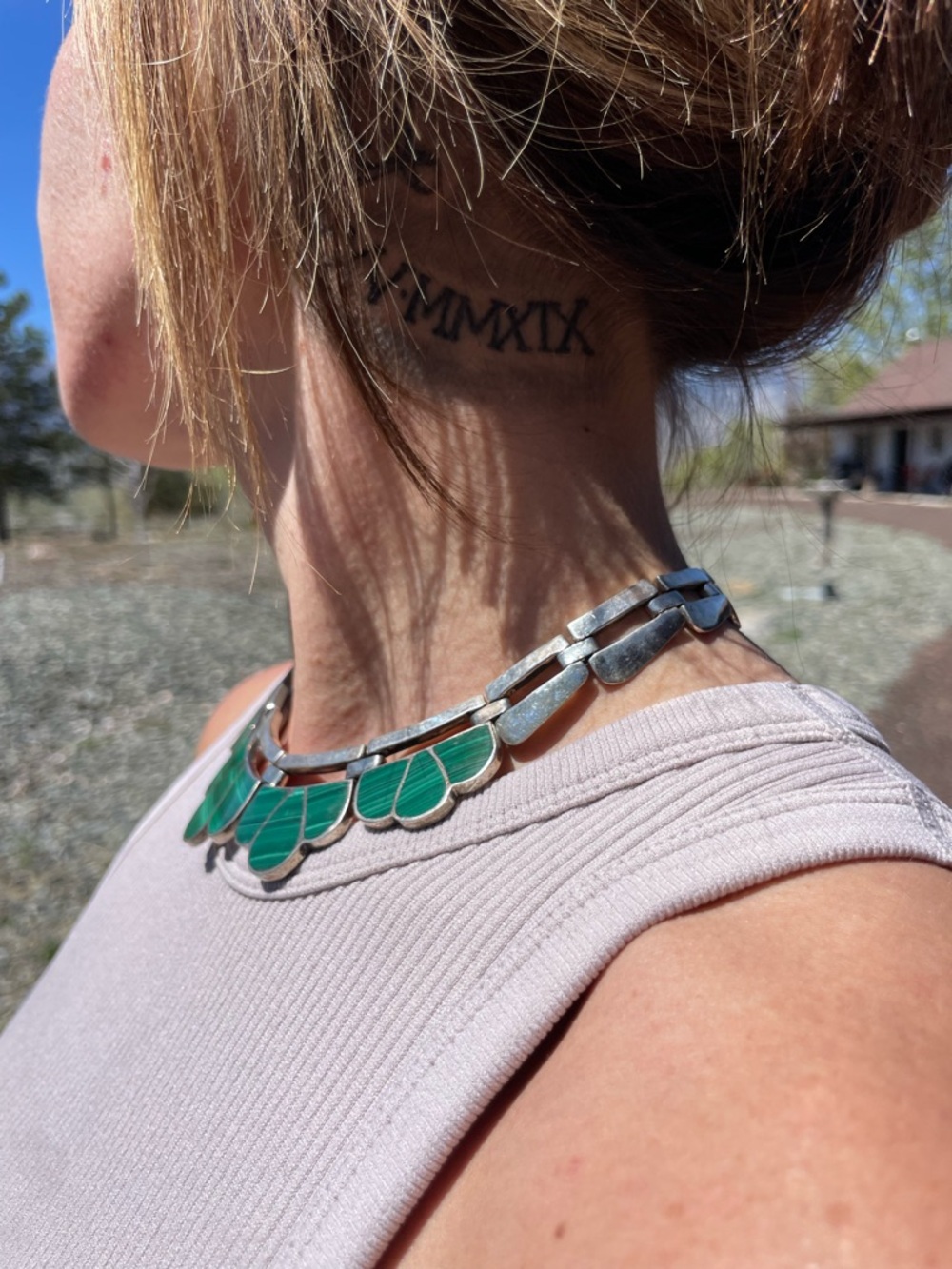 Vintage sterling silver heavy mexico malachite 925 necklace - Picture 5 of 12